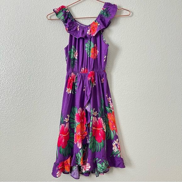 Hawaii Hangover Hibiscus Floral Print Wrap Ruffle Dress Pretty Tropical Purple - Picture 3 of 8